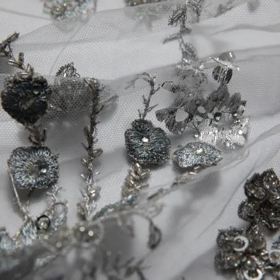 1 Yard ST Tulle Lace Fabric Embroidered Applique Beautiful 3D Floral Pattern 52/54" Wide Silver {1}