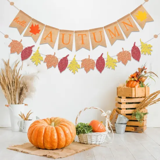 2pcs-Jute Burlap Hello Autumn Maple Leaf Banner, Fall Party Supplies Buntting {4}