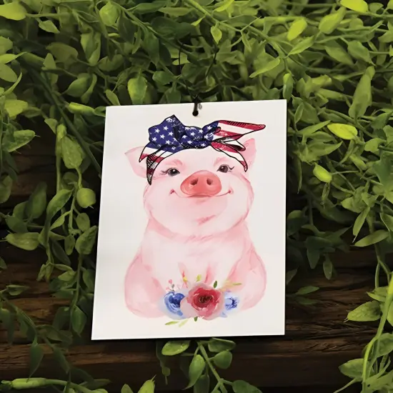 Americana Bandana Piggy Ornament Lightweight White Wood with Pink Pig & American Flag Bandana {2}
