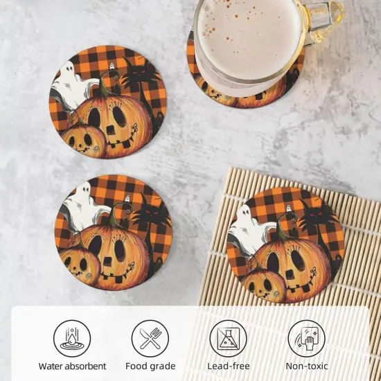 Halloween Pumpkins Orange Check Coasters, Set of 4 for Coffee Table Cup Bar {5}