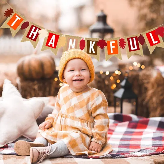 Thankful Burlap Banner Fall Autumn Maple Leaves Rustic Burlap {3}