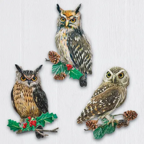 Collections Etc Owls with Holly & Pinecones Metal Wall Art - Set of 3 {1}