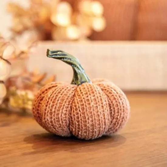 Neutral Plaid Fabric Pumpkin with Ribbed Plastic Stem for Fall Table Decor {4}