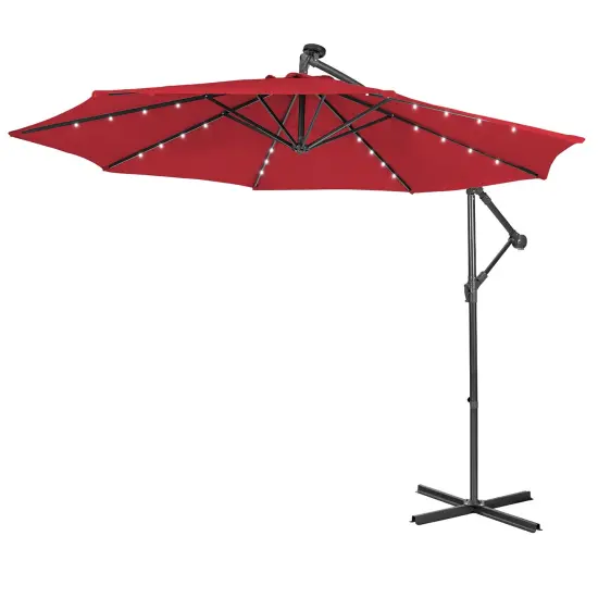 Costway 10FT Cantilever Solar Powered 32LED Lighted Patio Offset Umbrella Outdoor Red\Beige\Coffee\Blue\Navy {2}