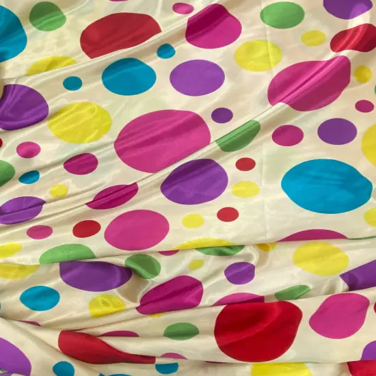 1 Yard Multicolor Polka Dot Satin Fabric Dark Ivory Background Lightweight Semi Shiny Polyester 58 Inch Width {1}