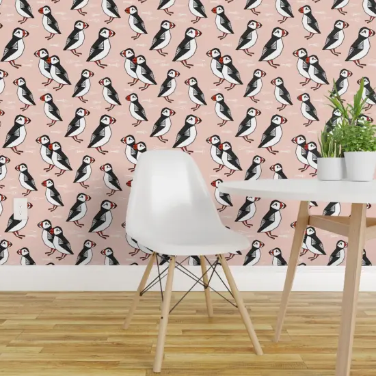 Pre-Pasted Wallpaper 2FT Wide Puffin Puffins Fish Birds Winter Blush Custom Pre-pasted Wallpaper by Spoonflower {1}