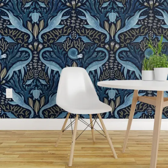 Pre-Pasted Wallpaper 2FT Wide Watercolor Dinosaur Blue Ocean Under The Sea Ammonites Turtle Kids Play Room Kelp Seaweed Plesiosaurs Prehistoric Animals Large Scale Custom Pre-pasted Wallpaper by Spoonflower {1}