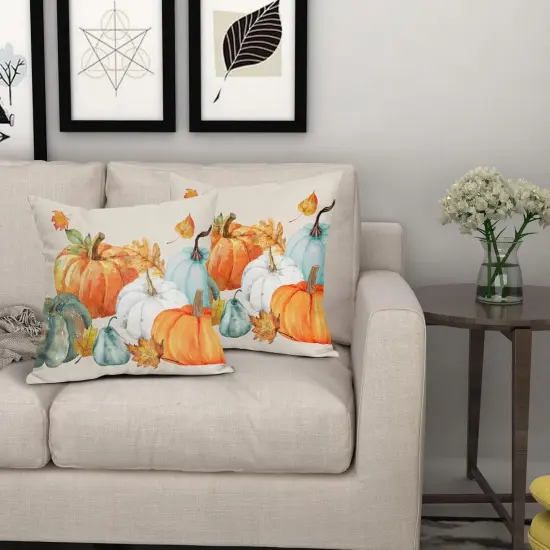 Set of 2- Fall Pillow Covers 18x18,Watercolor Pumpkin Maple Leaf Throw {4}