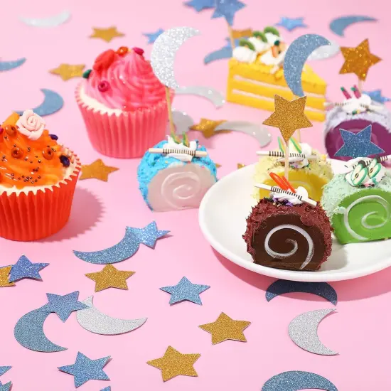 400 Pieces Glitter Star and Moon Paper Confetti Double Side Table Paper Confetti Sequin for Wedding Birthday Baby Shower Moon and Star Party Ramadan Mubarak Decor (Dark Blue, Light Blue, Gold, Silver) {5}