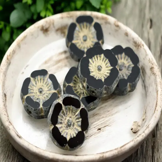 *12* 12mnm Gold Washed Jet Picasso Hawaiian Flower Beads {3}