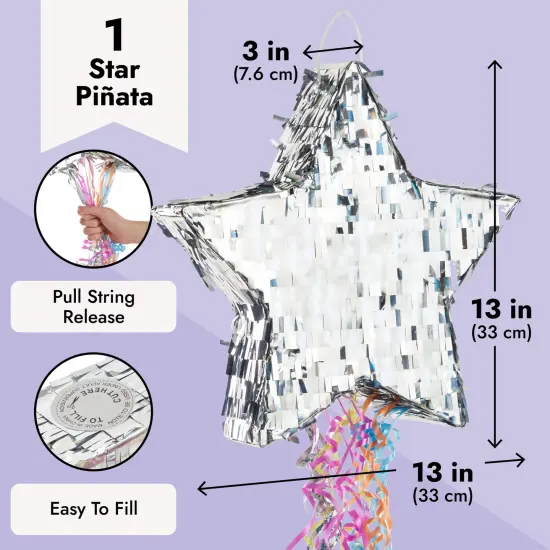 Pull String Star Pinata for Twinkle Twinkle Little Star Gender Reveal Decorations and Birthday Party Supplies (Silver, 13x13x3 in), Ages 3-14 {3}