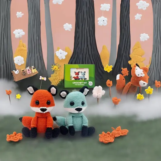 2 Pcs Fox Crochet Kit for Beginners, Couple Animals Amigurumi Starter Kit {4}