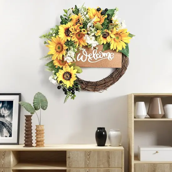 15&ldquo; Sunflower Summer Floral Wreath for Front Door with Welcome Sign,Sunflower Daisy Yellow Summer Wreath for Door Wall Front Porch Home Decoration Outdoor {5}