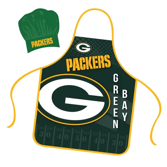 Mojo Licensing Green Bay Packers Apron Chef Hat Set Full Color Universal Size Tie Back Grilling Tailgate BBQ Cooking Host {1}