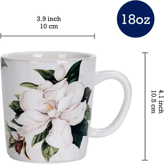 Magnolia Floral Ceramic Mugs, Set of 4, for Coffee {5}
