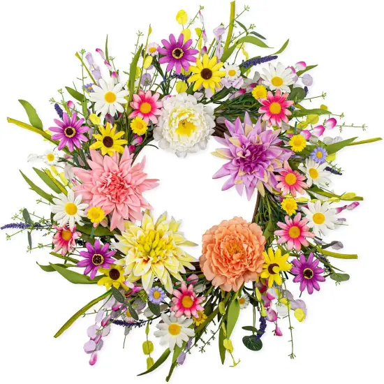 Artificial Summer Wreath 22 Inch Floral Wreaths for Front Door Summer Wreath with Dahlia Daisy Flowers for Indoor Porch Wall Holidays Easter Celebrations {1}