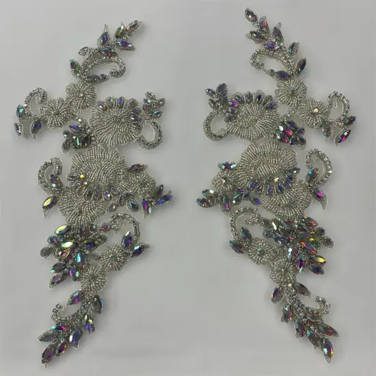 1 Pair Crystal Rhinestone Beaded & Corded Lace 100% Polyester, 12" x 5" Each Side Red / Gold {6}