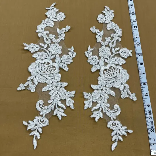 1 Pair Beaded & Corded Floral Lace Applique Embroidered on 100% Polyester Net Mesh 15" X 3.5" Each Side Ivory {3}