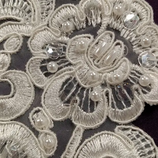 1 Pair Beaded & Corded Floral Lace Applique 11" x 3" Each Side Ivory {5}