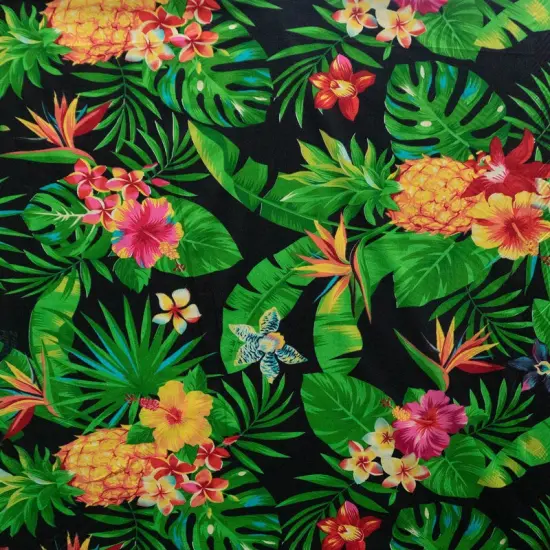1 Yard Pineapple Tropical Flowers & Leaves Cotton Fabric 100% Cotton, 45&rdquo; Wide Orange {4}