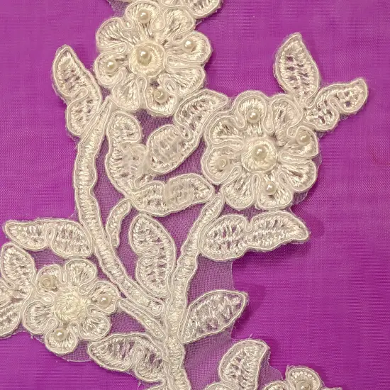 1 Pair Beaded & Corded Floral Lace Applique Embroidered on 100% Polyester Mesh 10" x 3" Each Side Ivor {4}