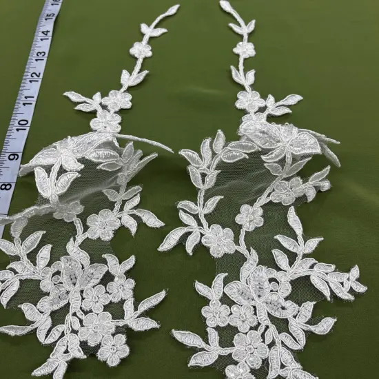 1 Pair Beaded & Corded Floral Lace Applique 17" X 4.5" Each Side, 100% Polyester Net Mesh Metallic Gold {7}