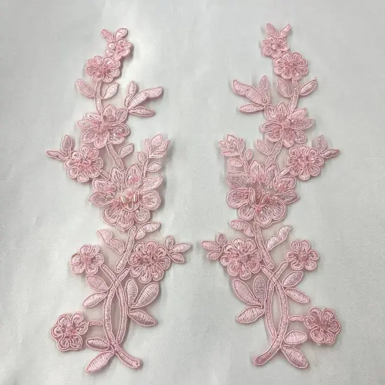 1 Pair Beaded & Corded Floral Lace Applique 10" x 2" Each Side Pink-N-BP {1}