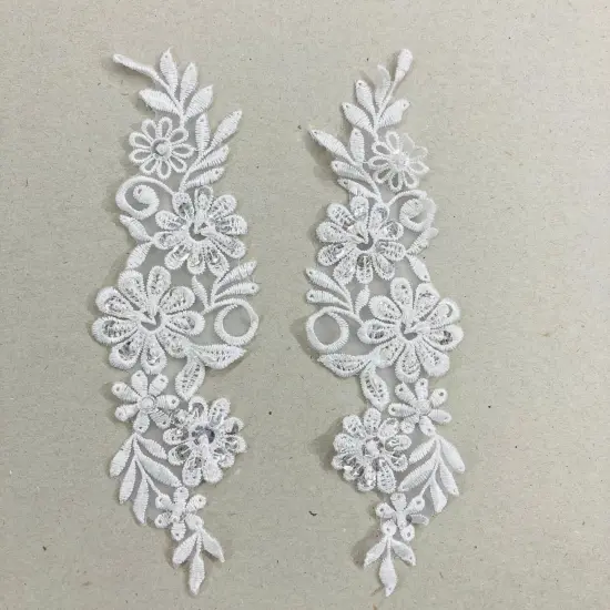 1 Pair Beaded Lace Applique Embroidered on 100% Polyester Organza 9" x 2.5" Each Side Ivory {4}