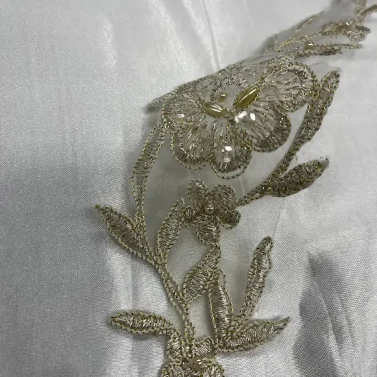 1 Pair Beaded & Corded Lace Applique Embroidered on 100% Polyester Organza 10" x 2" Each Side Antique Silver {7}