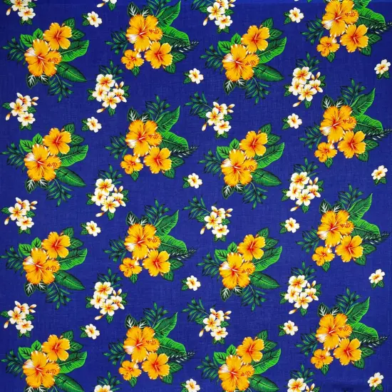 1 Yard Hibiscus Plumeria & Tropical Leaves Clusters Rayon Fabric 36in L x 45in W Navy {5}