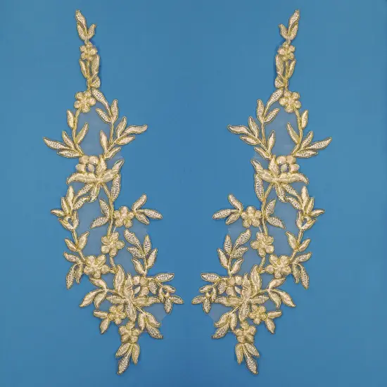 1 Pair Beaded & Corded Floral Lace Applique Embroidered on 100% Polyester Organza 13" x 4" Each Side Ivory /Gold {1}