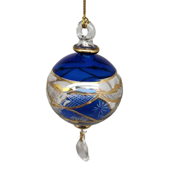 Etched Blown Glass Ball with Crystal Dangle - Blue {2}