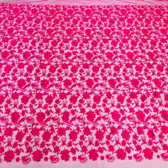 1 Yard Beaded 3D Floral Lace Fabric Embroidered Couture Mesh Dress 49" Width Fuchsia {1}