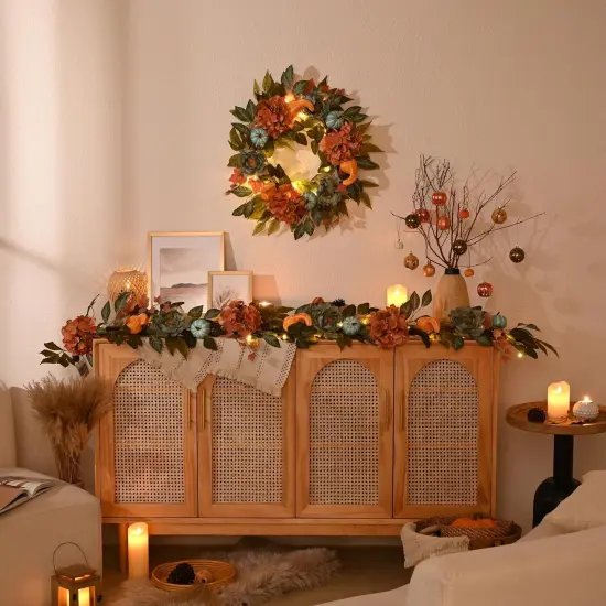 Artificial Fall Floral Garland with Peony Hydrangea and Pumpkins {2}