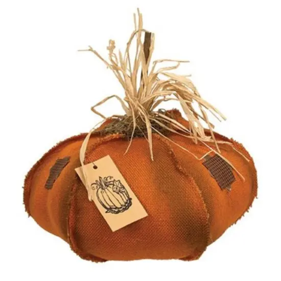 Freestanding 15" Fabric Pumpkin Sitter with Gingham Patches Ribbed Detail Stick Stem and Moss Accent Orange {4}