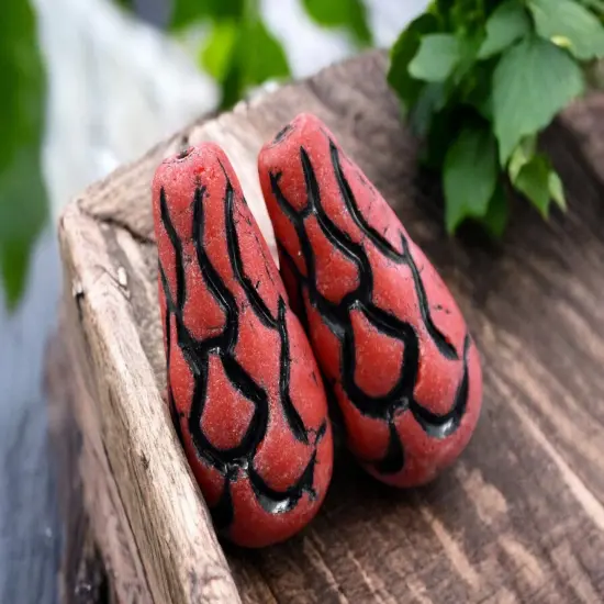 *6* 25x12mm Black Washed Opaque Matte Red Mermaid Scale Large Drop Beads {3}