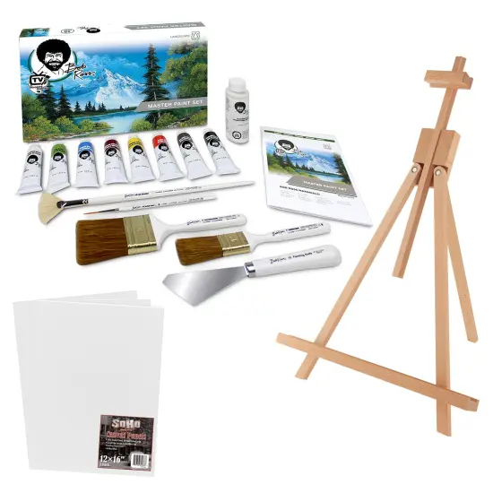 Bob Ross Master Artist Oil Paint 15 Piece Bundle Plus Wood Tabletop Travel Art Easel and Canvas Panels (3pk) - 12x16 (3 Items) Assorted {1}