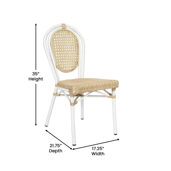 Merrick Lane Toulon Set of Two Stacking Thonet Bistro Style Chair, PE Cane Rattan Seat, and Metal Frame for Indoor/Outdoor Use Natural/White Frame {5}