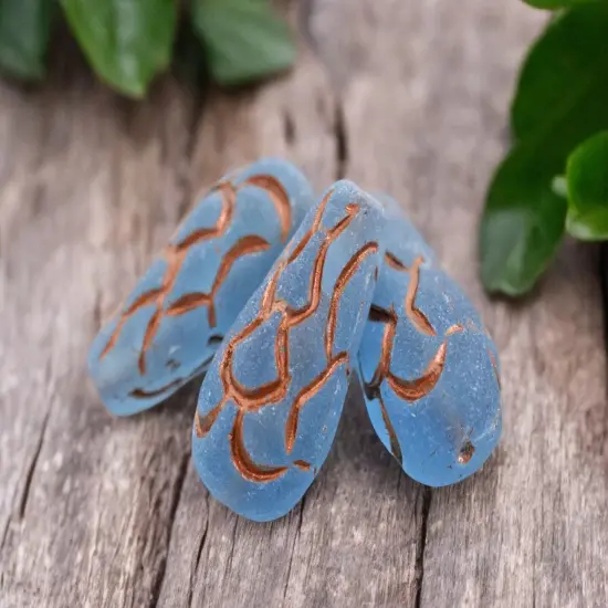 *6* 25x12mm Copper Washed Matte Transparent Capri Blue Mermaid Scale Large Drop Beads {2}