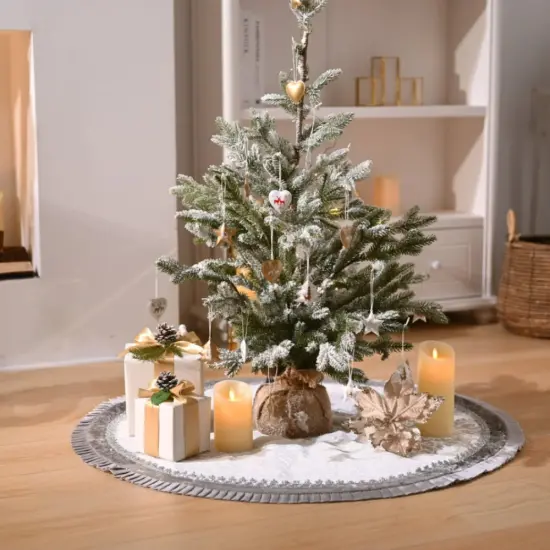 Silver and White Christmas Tree Skirt, 48-Inch Elegant Velvet & Brocade Holiday Tree Base Cover with Pleated Trim {6}