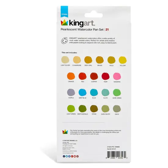 KINGART&reg; Watercolor Pan Set, Pearlescent Colors, 21 Unique Shades & Paint Brush {6}