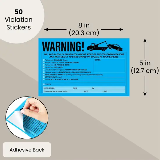 50-Pack Parking Violation Stickers, You are Illegally Parked Adhesive Tow Sign Tickets, Bulk Set of 5x8 Blue No Parking Car Warning Towed Notice Labels, Tags for Vehicle Window {2}