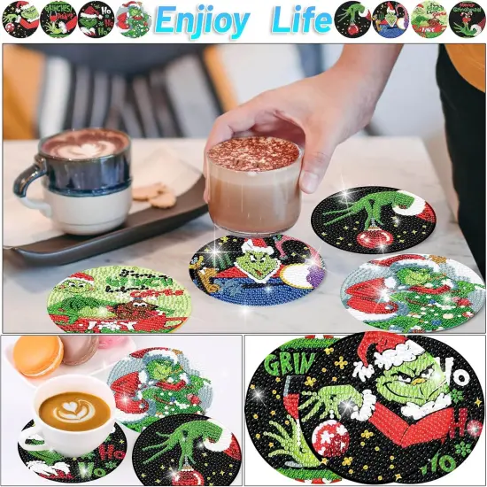 8 Pcs Christmas Diamond Painting Coasters Kits with Holder {4}