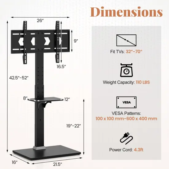 Black MDF Metal Adjustable Floor TV Stand with Power Ports and AV Shelf {3}