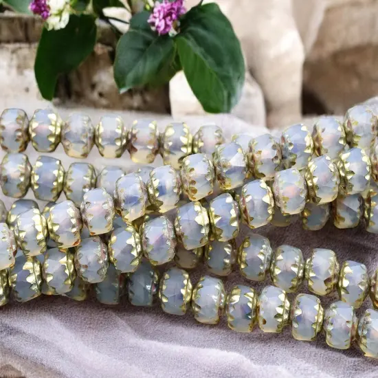 Gold Washed Matte Gray Crystal Opaline Picasso Cathedral Beads {6}