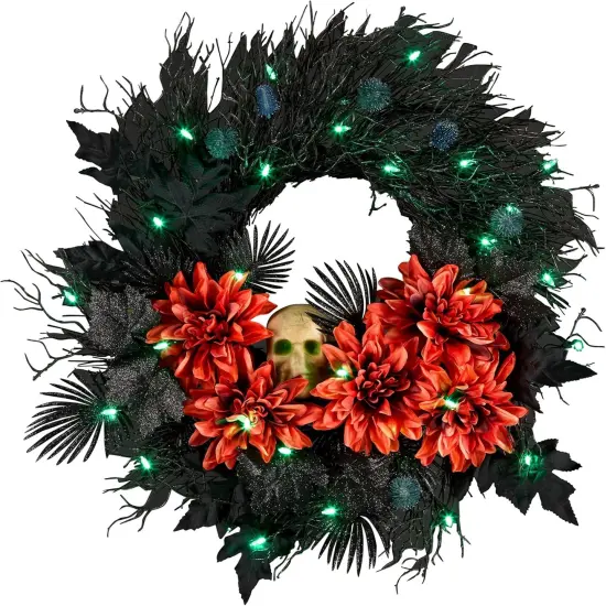 Artificial Boo-Tiful Halloween Wreath - 30 Green LED Lights {1}