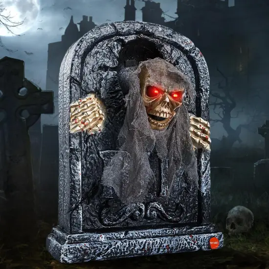 Halloween Animatronic Tombstone with Moving Skeleton {1}