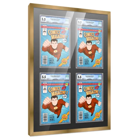 Comic Book Frame with Mat for 4 Graded Comics - Bronze Wood Comic Frame With Black Mat for 8.125x13 Comics - 20.75x30.5 Frame Size {7}