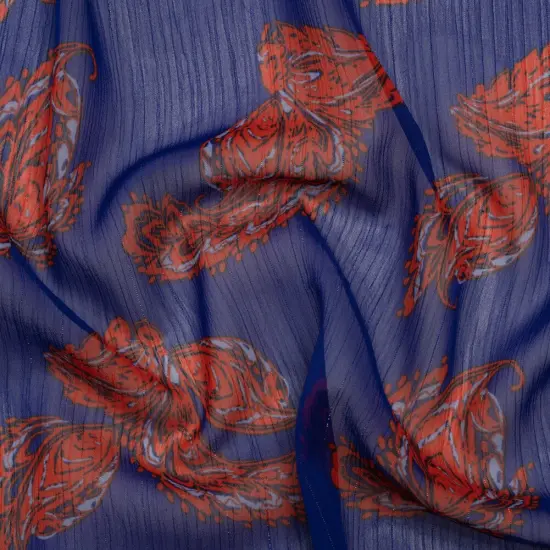 1 Yard Red and Blue Paisley Crinkled Polyester Chiffon Fabric Metallic Silver Pinstripes 56 Inches Width {1}