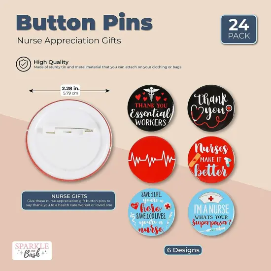 Button Pins, Nurse Appreciation Gifts in 6 Designs (2.28 Inches, 24 Pieces) Red {2}